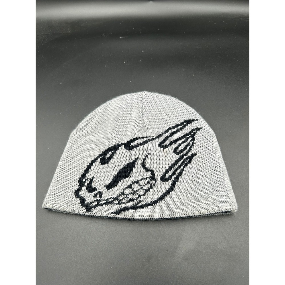 No Fear Reversible Beanie Hat Gray Black Flaming Skull Embroidered Y2K Skater